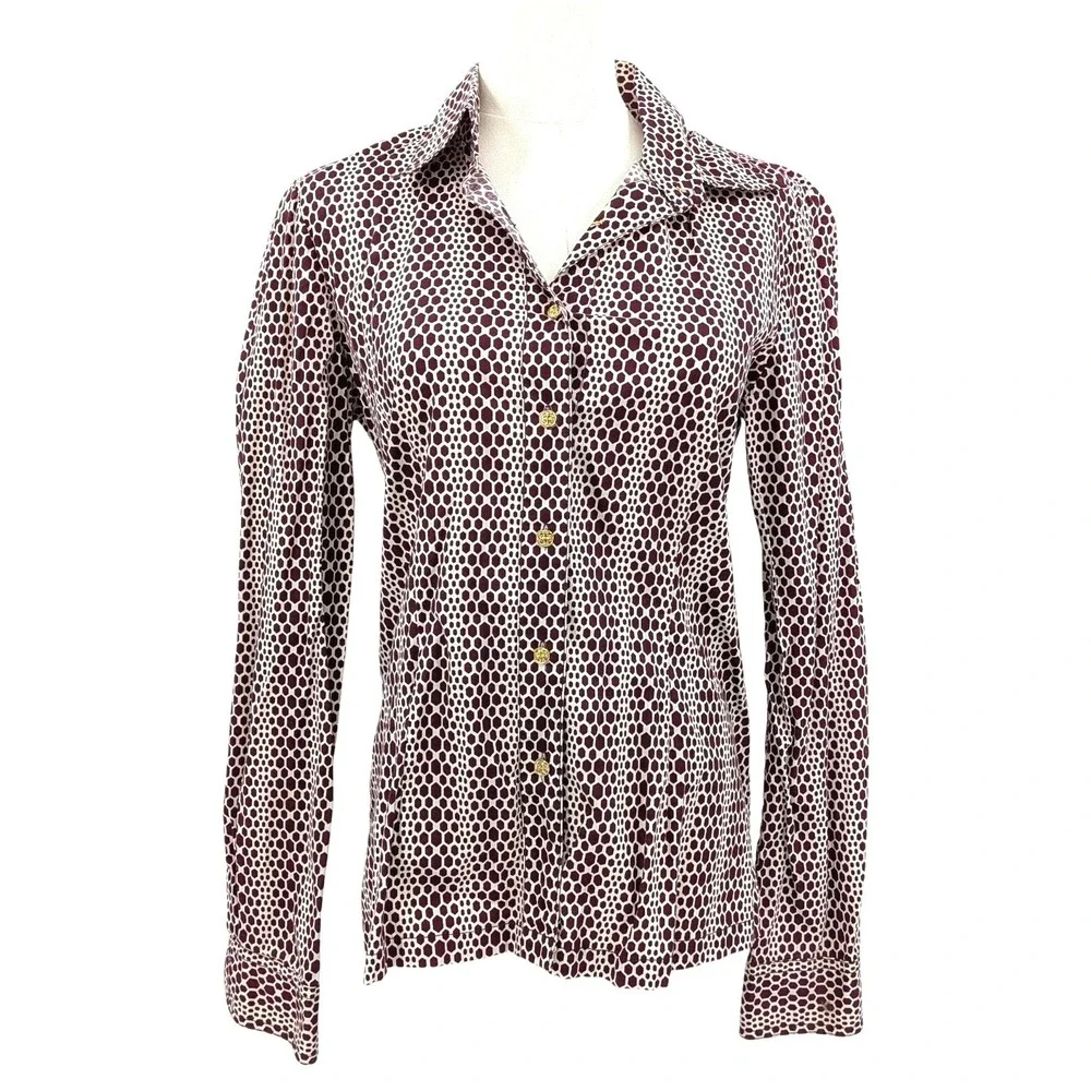 Tory Burch Burgundy‎ Geometric Button Front Shirt 6 Cotton Stretch